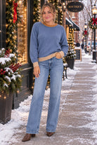 Tempo Paris Denim Blue Contrast Trim Sweater-Sweaters-Tempo Paris-Deja Nu Boutique, Women's Fashion Boutique in Lampasas, Texas