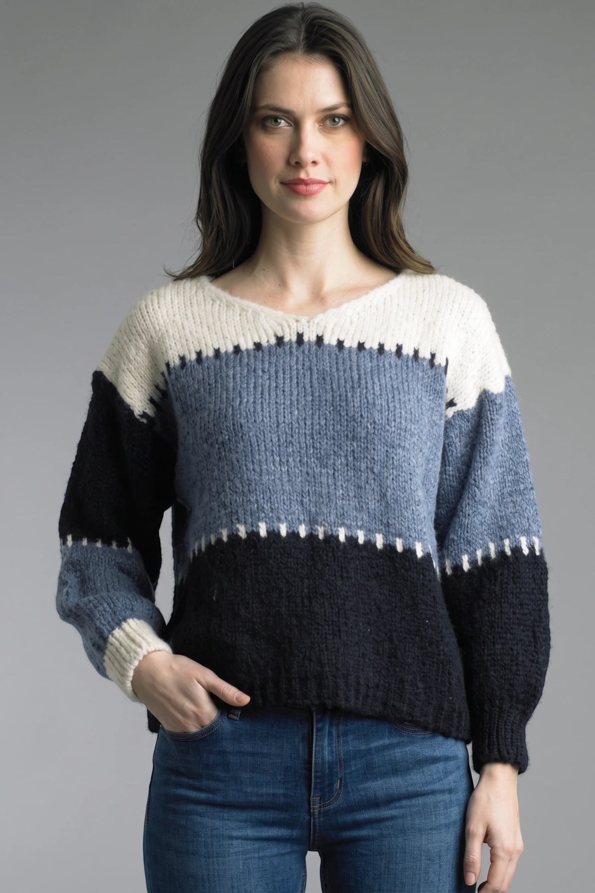 Tempo Paris Denim Color Block Sweater-Sweaters-Tempo Paris-Deja Nu Boutique, Women's Fashion Boutique in Lampasas, Texas