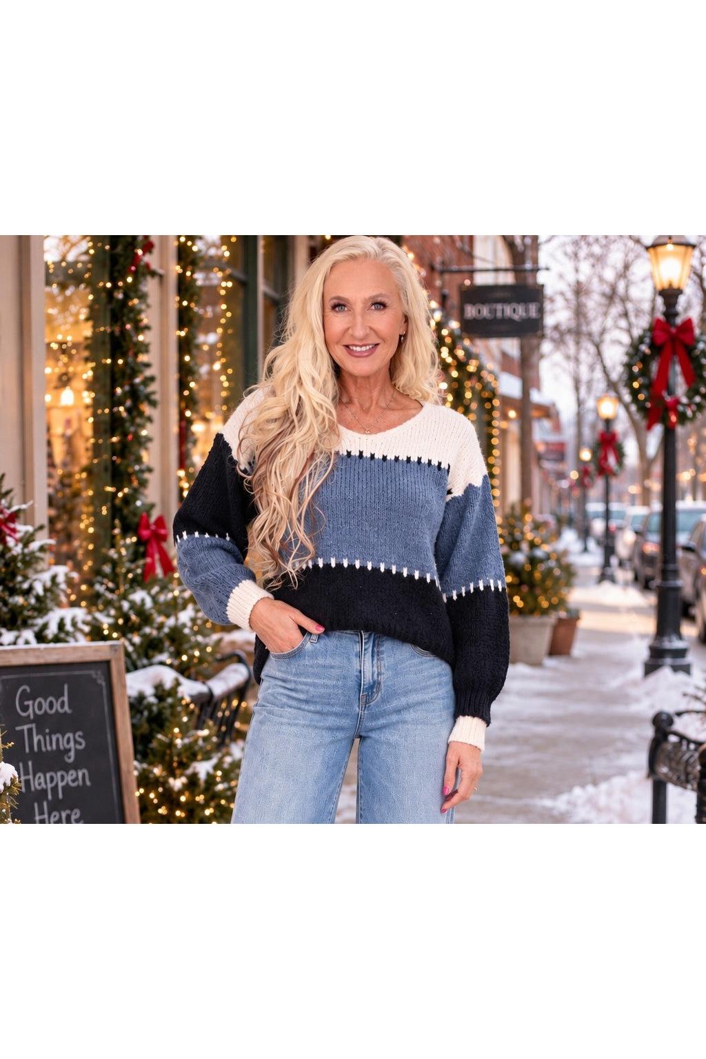 Tempo Paris Denim Color Block Sweater-Sweaters-Tempo Paris-Deja Nu Boutique, Women's Fashion Boutique in Lampasas, Texas