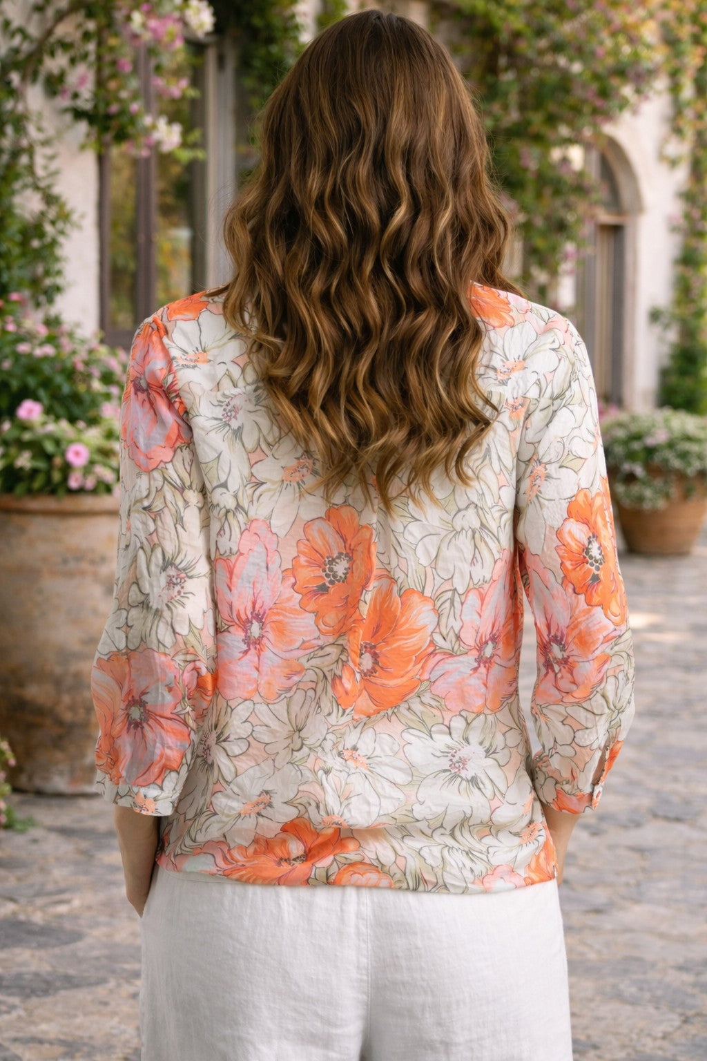 Tempo Paris Orange Floral Button Front Blouse Lightweight Rayon Top-shirts-Tempo Paris-Deja Nu Boutique, Women's Fashion Boutique in Lampasas, Texas