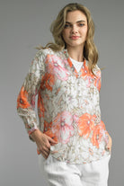 Tempo Paris Orange Floral Button Front Blouse Lightweight Rayon Top-shirts-Tempo Paris-Deja Nu Boutique, Women's Fashion Boutique in Lampasas, Texas