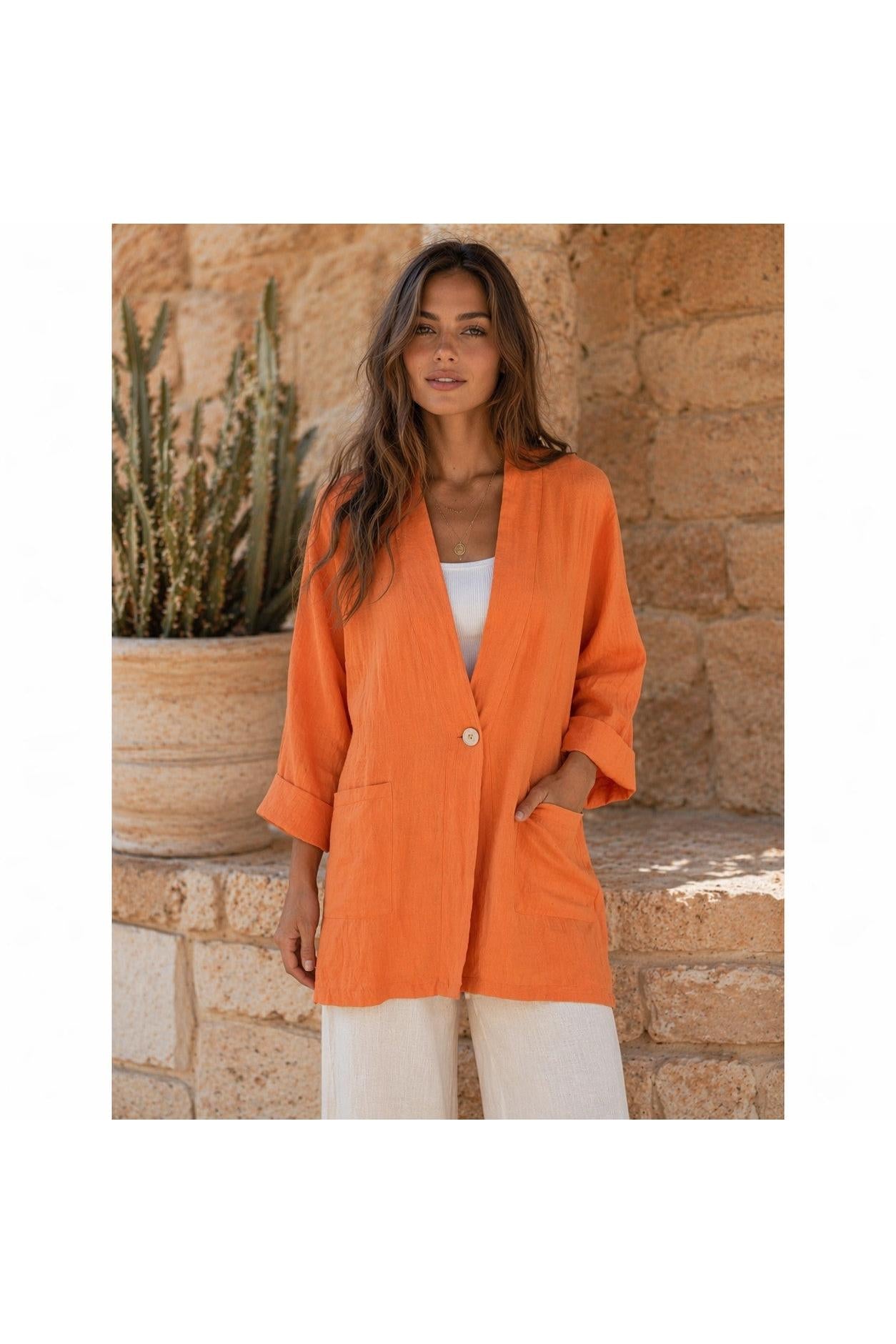 Tempo Paris Orange Linen Oversized One Button Jacket-Jackets-Tempo Paris-Deja Nu Boutique, Women's Fashion Boutique in Lampasas, Texas