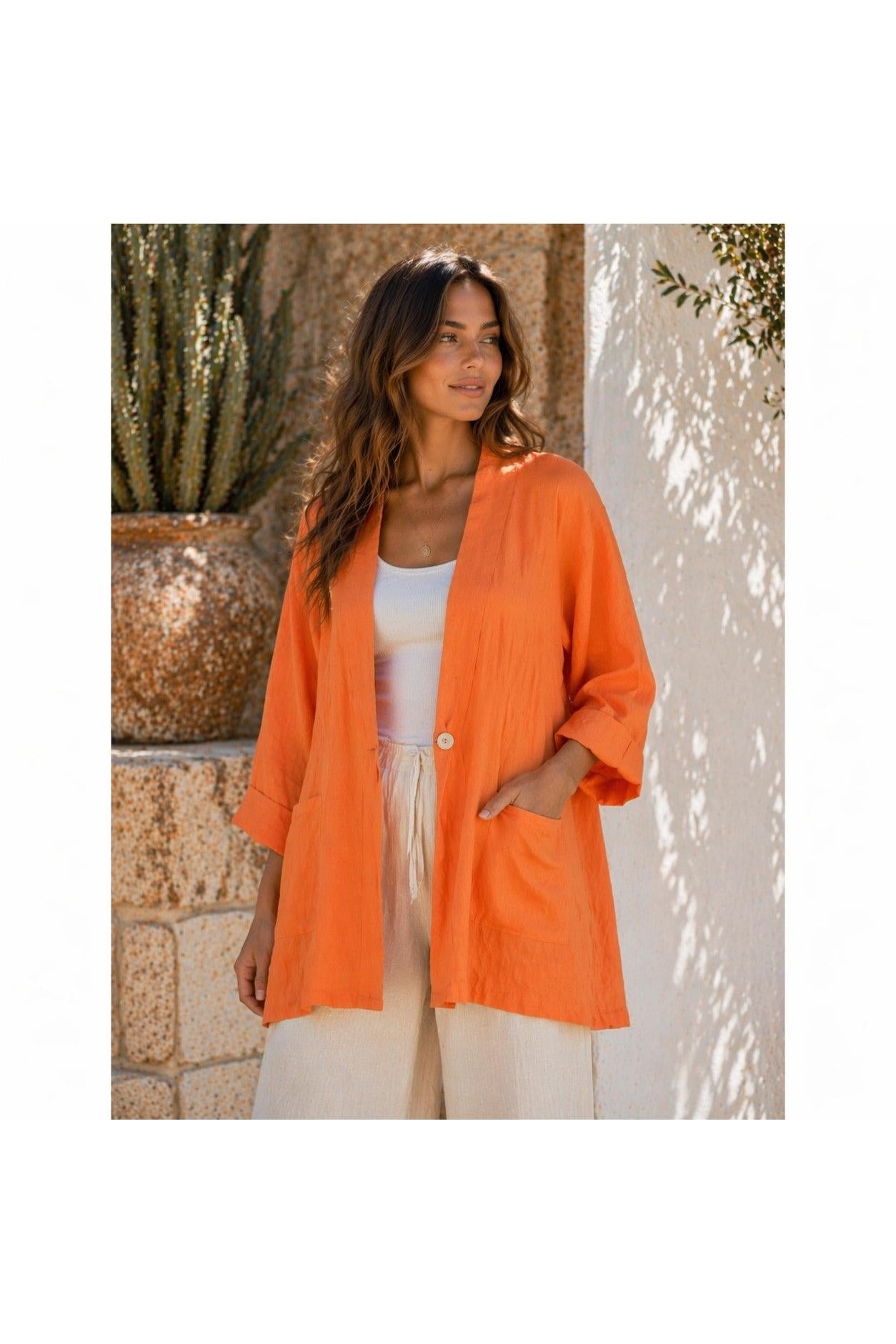 Tempo Paris Orange Linen Oversized One Button Jacket-Jackets-Tempo Paris-Deja Nu Boutique, Women's Fashion Boutique in Lampasas, Texas