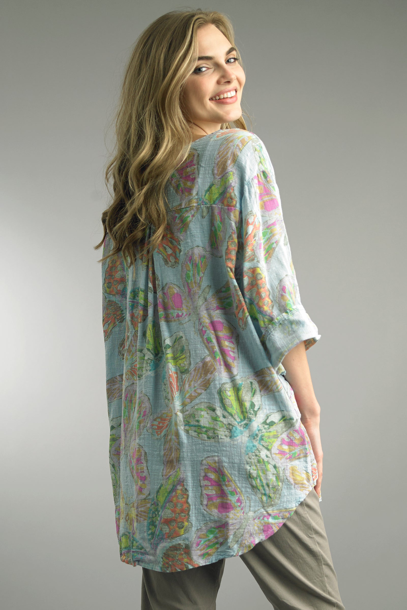 Tempo Paris Blue Butterfly Print Blouse-shirts-Tempo Paris-Deja Nu Boutique, Women's Fashion Boutique in Lampasas, Texas