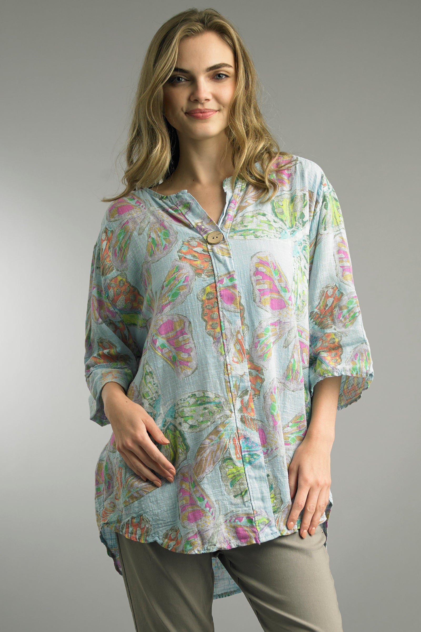 Tempo Paris Blue Butterfly Print Blouse-shirts-Tempo Paris-Deja Nu Boutique, Women's Fashion Boutique in Lampasas, Texas