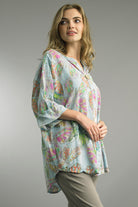 Tempo Paris Blue Butterfly Print Blouse-shirts-Tempo Paris-Deja Nu Boutique, Women's Fashion Boutique in Lampasas, Texas