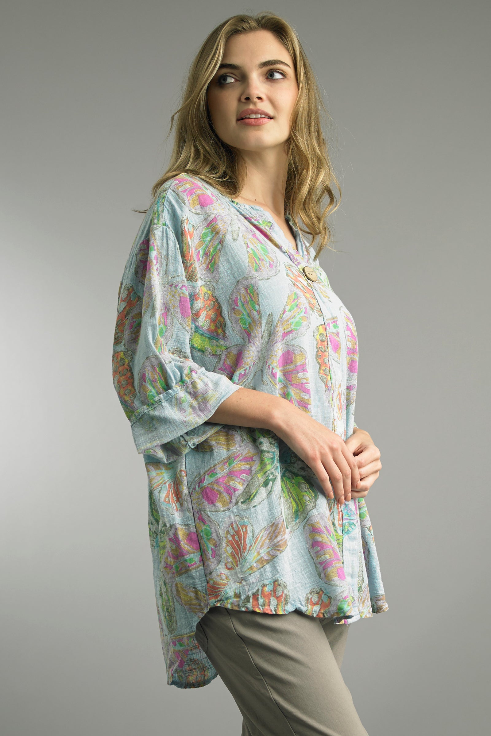 Tempo Paris Blue Butterfly Print Blouse-shirts-Tempo Paris-Deja Nu Boutique, Women's Fashion Boutique in Lampasas, Texas