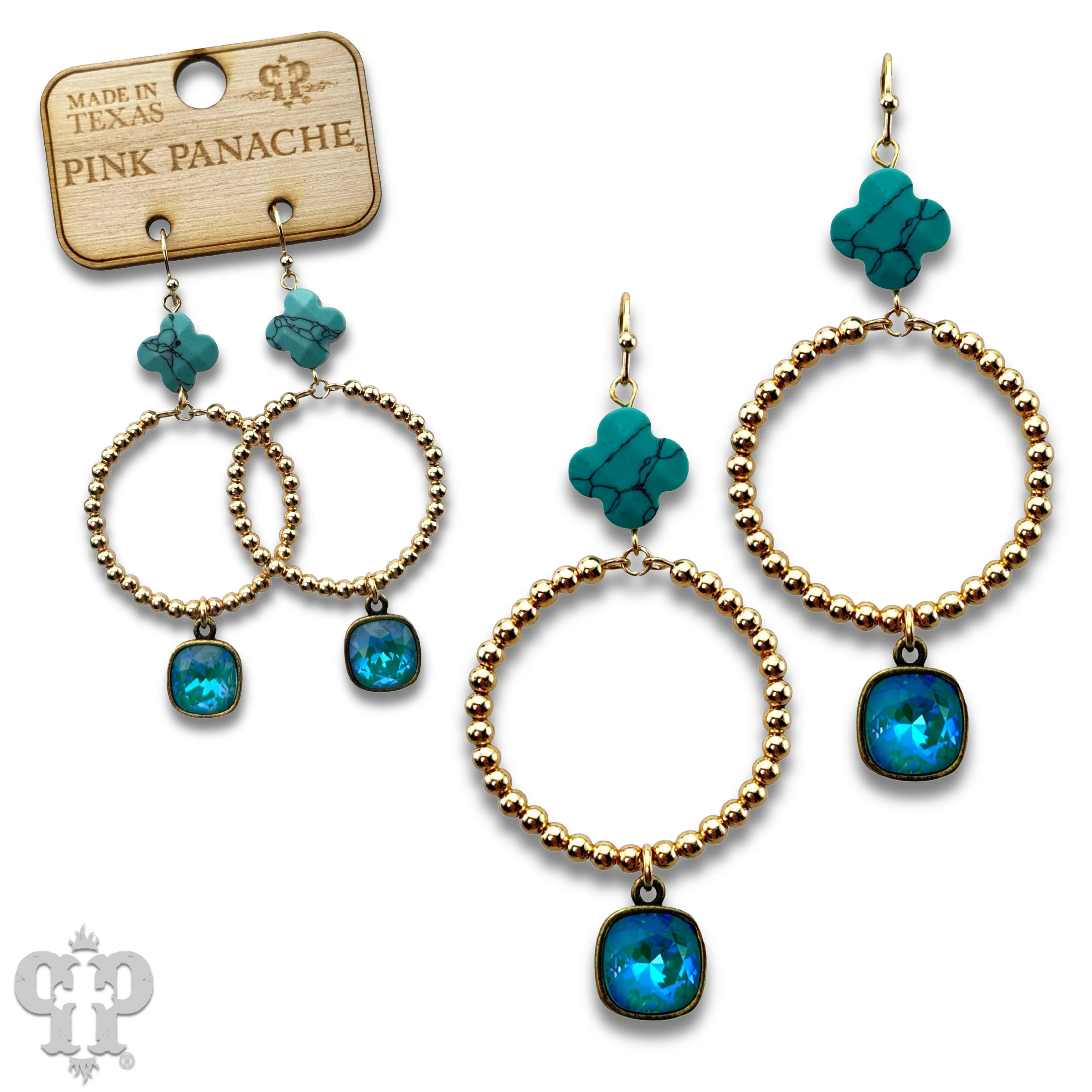 Pink Panache Turquoise Clover Bead Hoop Earrings with Austrian Crystal-Earrings-Pink Panache-Deja Nu Boutique, Women's Fashion Boutique in Lampasas, Texas