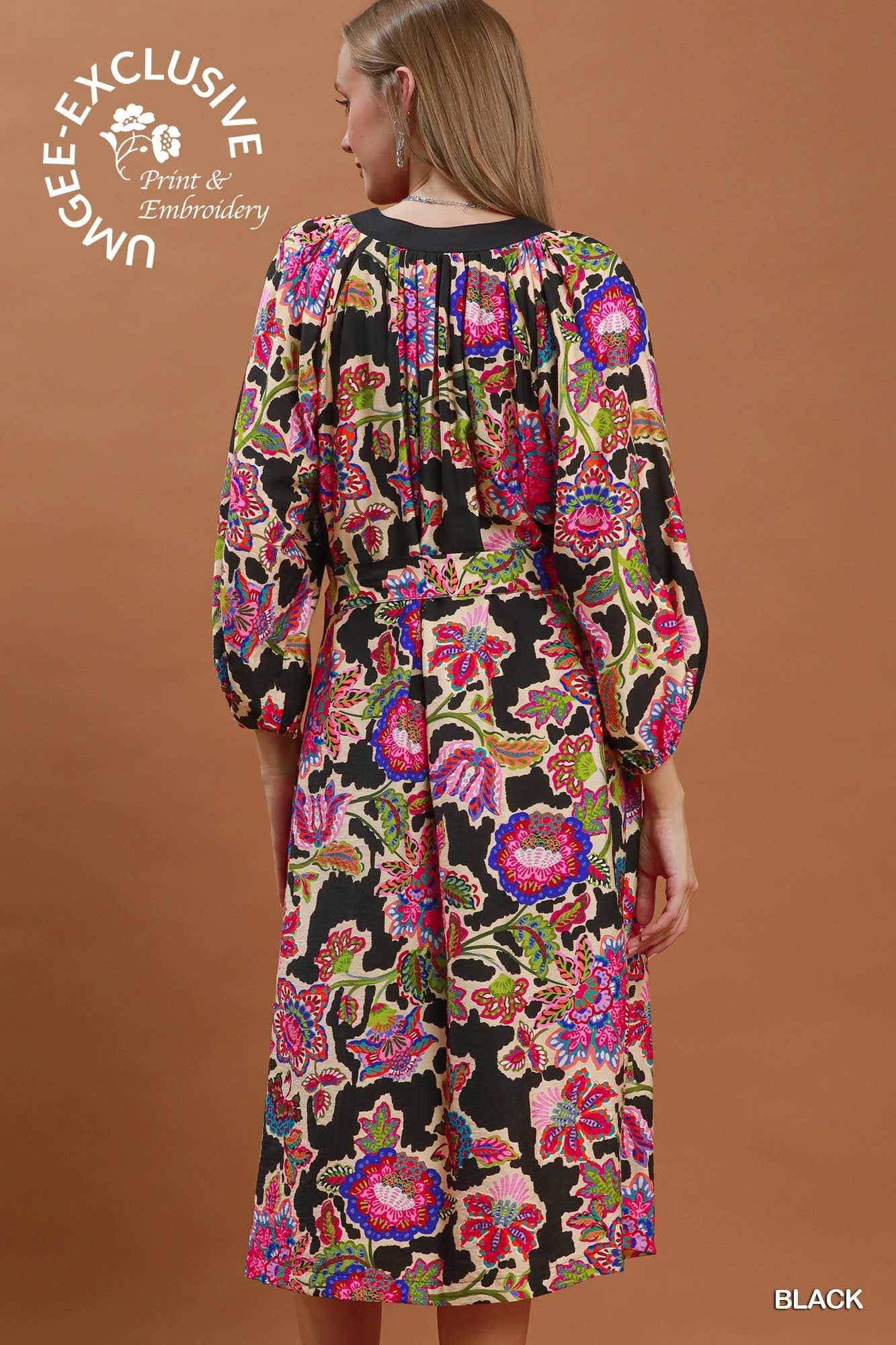 Umgee Abstract Print Embroidered Belted Midi Dress in Black-Midi Dresses-Umgee-Deja Nu Boutique, Women's Fashion Boutique in Lampasas, Texas