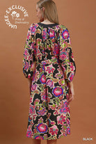 Umgee Abstract Print Embroidered Belted Midi Dress in Black-Midi Dresses-Umgee-Deja Nu Boutique, Women's Fashion Boutique in Lampasas, Texas