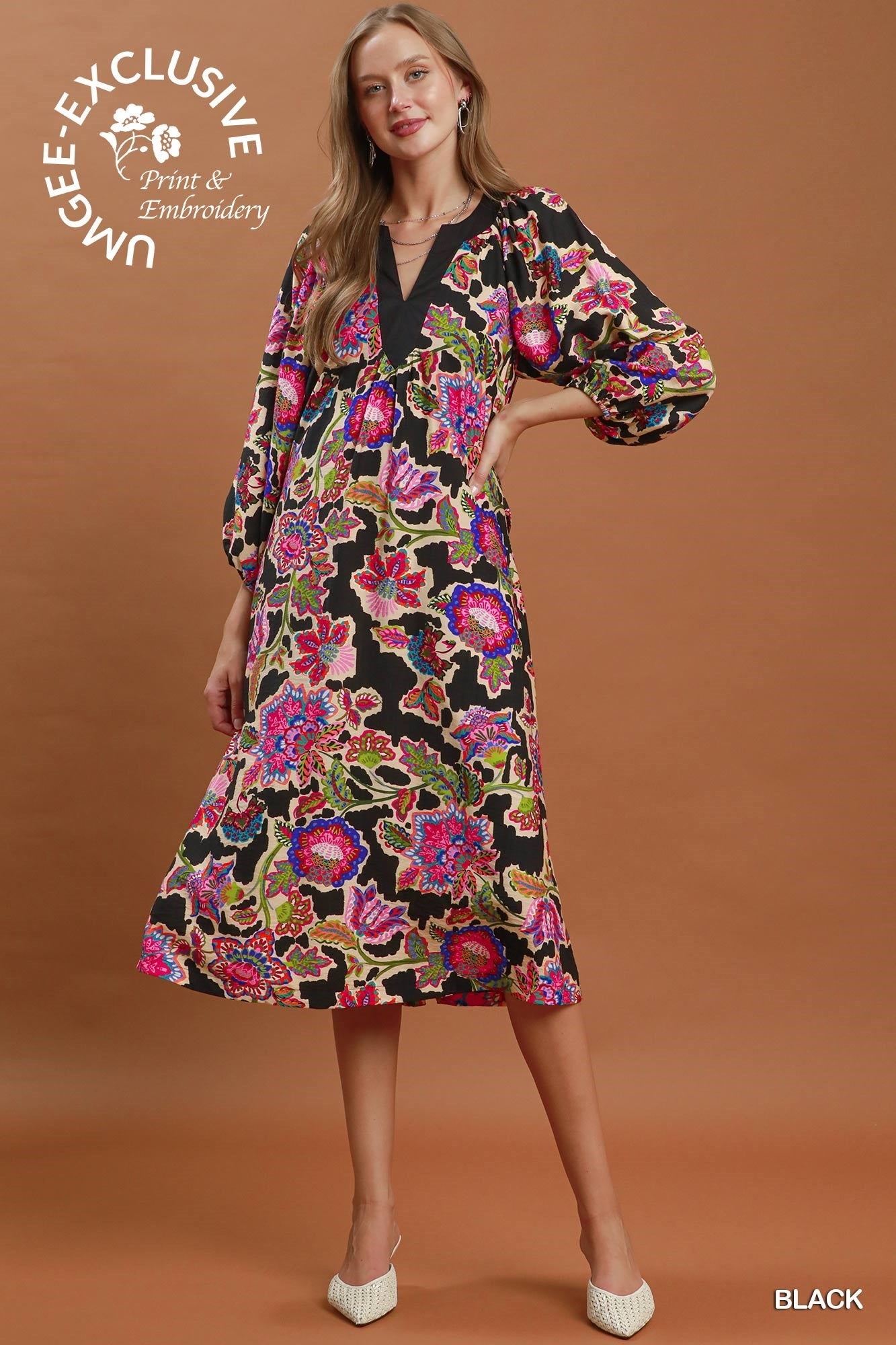 Umgee Abstract Print Embroidered Belted Midi Dress in Black-Midi Dresses-Umgee-Deja Nu Boutique, Women's Fashion Boutique in Lampasas, Texas