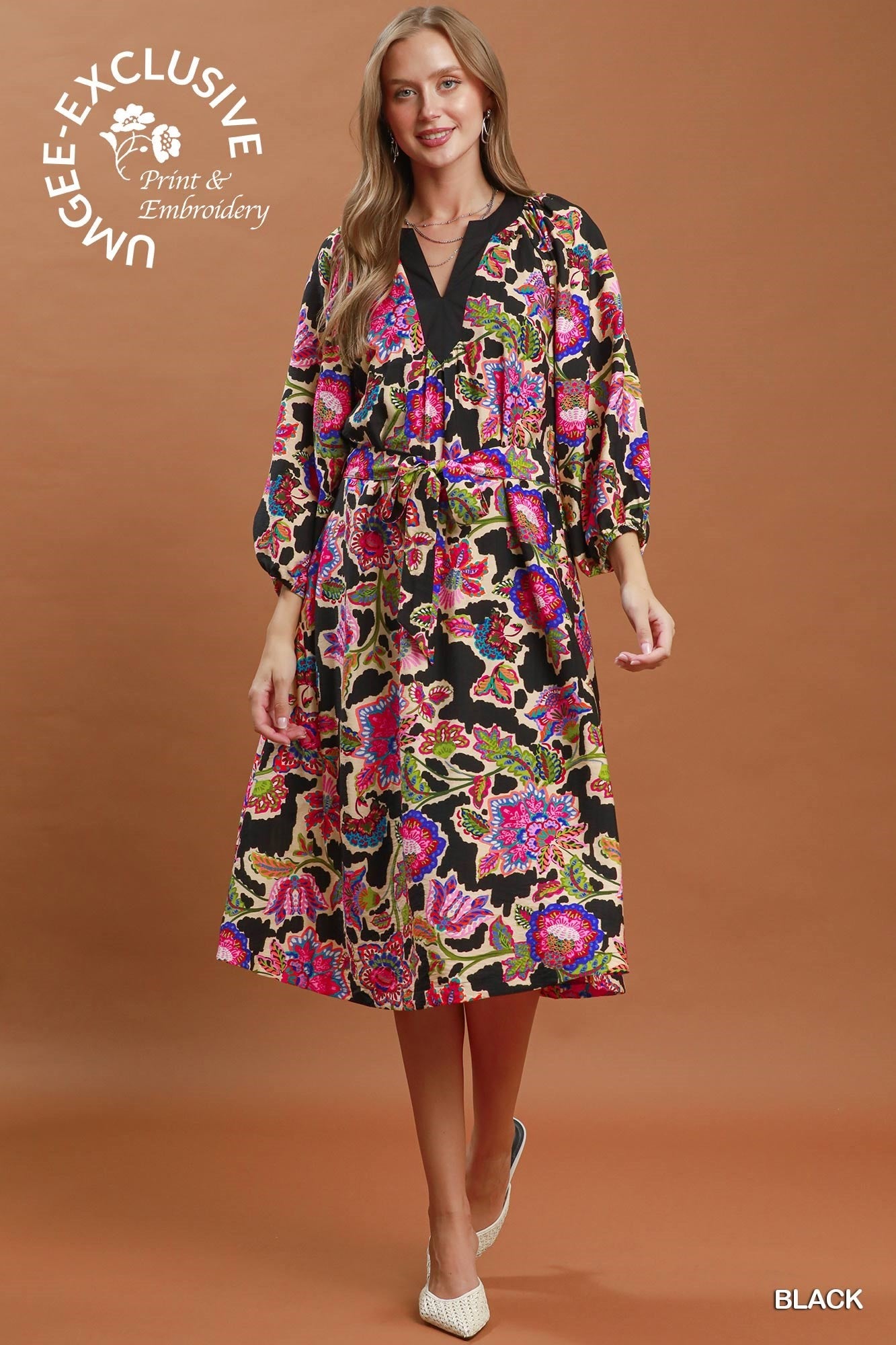 Umgee Abstract Print Embroidered Belted Midi Dress in Black-Midi Dresses-Umgee-Deja Nu Boutique, Women's Fashion Boutique in Lampasas, Texas