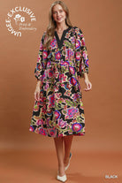 Umgee Abstract Print Embroidered Belted Midi Dress in Black-Midi Dresses-Umgee-Deja Nu Boutique, Women's Fashion Boutique in Lampasas, Texas