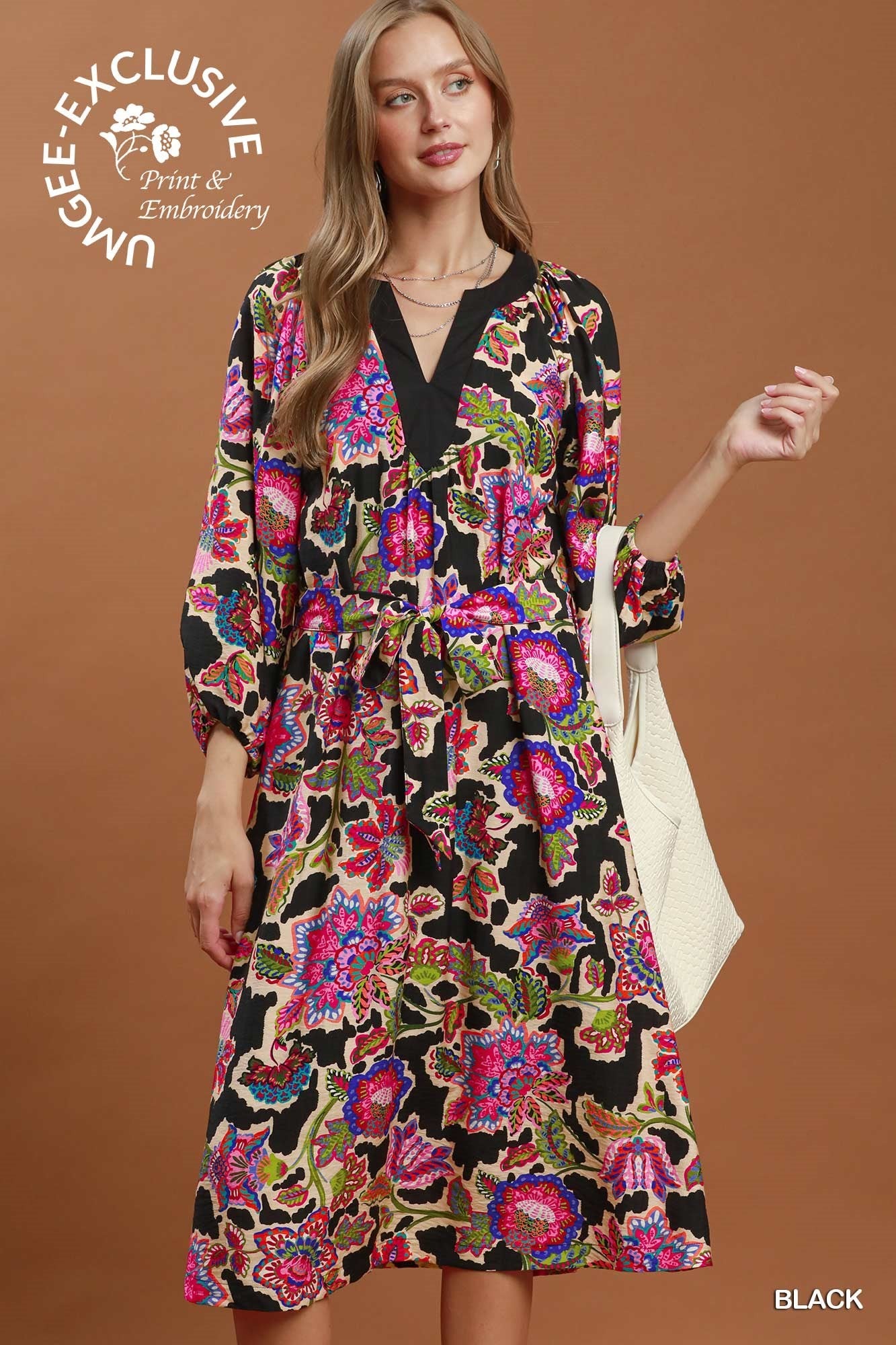 Umgee Abstract Print Embroidered Belted Midi Dress in Black-Midi Dresses-Umgee-Deja Nu Boutique, Women's Fashion Boutique in Lampasas, Texas