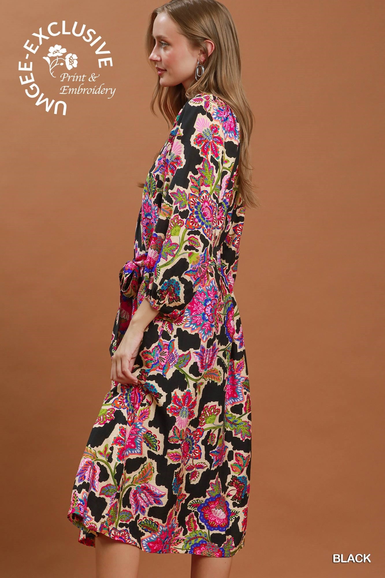 Umgee Abstract Print Embroidered Belted Midi Dress in Black-Midi Dresses-Umgee-Deja Nu Boutique, Women's Fashion Boutique in Lampasas, Texas
