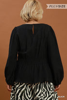 Umgee Black Smocked Waist Long Sleeve Peplum Blouse Plus-Curvy/Plus Blouses-Umgee-Deja Nu Boutique, Women's Fashion Boutique in Lampasas, Texas