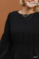 Umgee Black Smocked Waist Long Sleeve Peplum Blouse Plus-Curvy/Plus Blouses-Umgee-Deja Nu Boutique, Women's Fashion Boutique in Lampasas, Texas