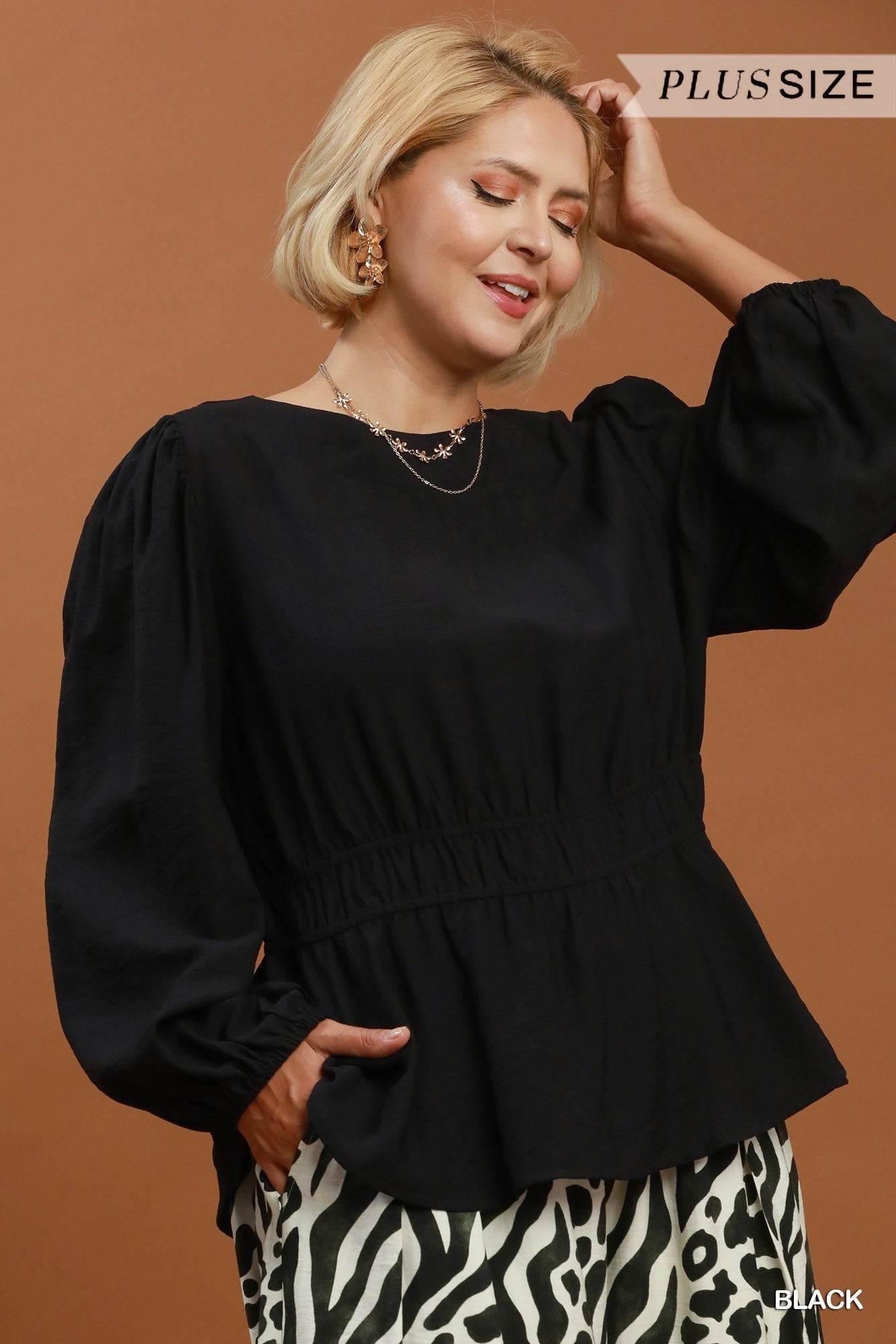 Umgee Black Smocked Waist Long Sleeve Peplum Blouse Plus-Curvy/Plus Blouses-Umgee-Deja Nu Boutique, Women's Fashion Boutique in Lampasas, Texas