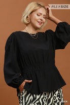 Umgee Black Smocked Waist Long Sleeve Peplum Blouse Plus-Curvy/Plus Blouses-Umgee-Deja Nu Boutique, Women's Fashion Boutique in Lampasas, Texas