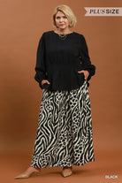 Umgee Black Smocked Waist Long Sleeve Peplum Blouse Plus-Curvy/Plus Blouses-Umgee-Deja Nu Boutique, Women's Fashion Boutique in Lampasas, Texas