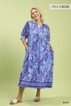 Umgee Blue Leafy Border Print V-Neck Midi Dress Plus Size-Curvy/Plus Dresses-Umgee-Deja Nu Boutique, Women's Fashion Boutique in Lampasas, Texas