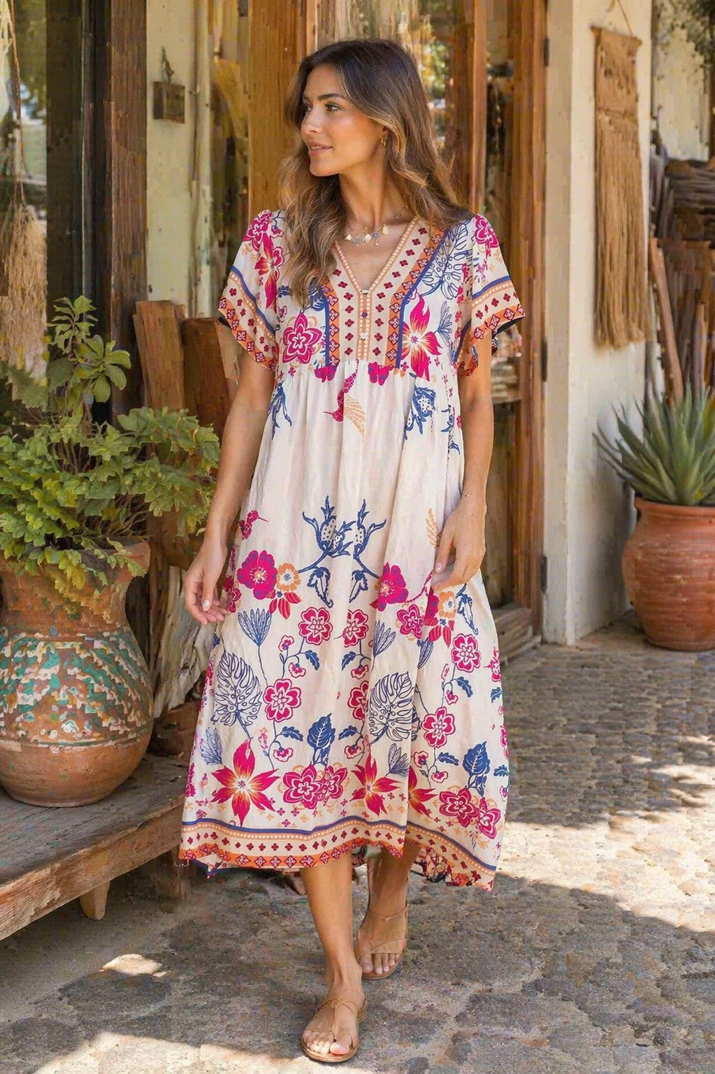 Umgee Boho Floral Midi Dress – Blue Mix-Midi Dresses-Umgee-Deja Nu Boutique, Women's Fashion Boutique in Lampasas, Texas