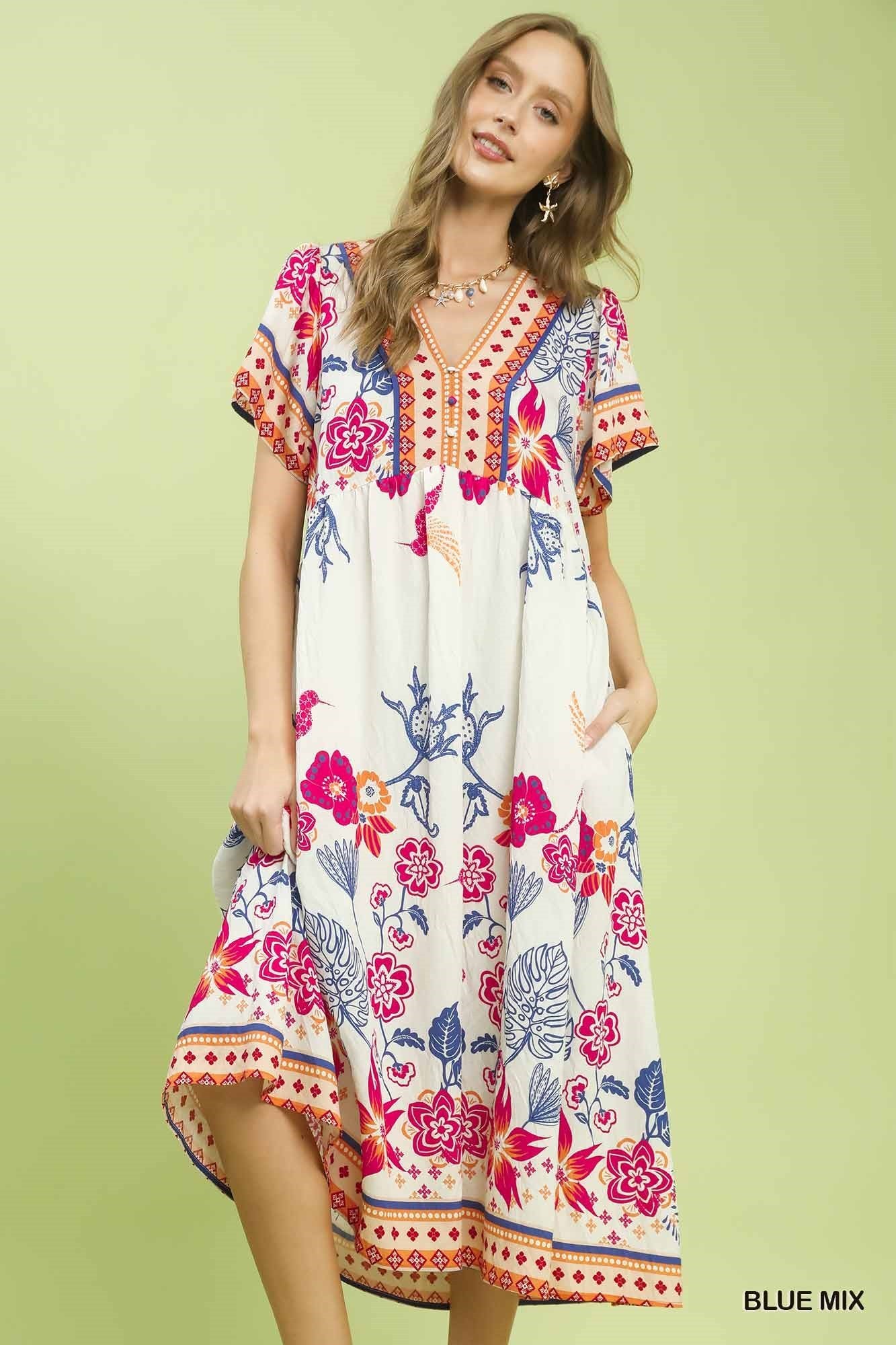 Umgee Boho Floral Midi Dress – Blue Mix-Midi Dresses-Umgee-Deja Nu Boutique, Women's Fashion Boutique in Lampasas, Texas