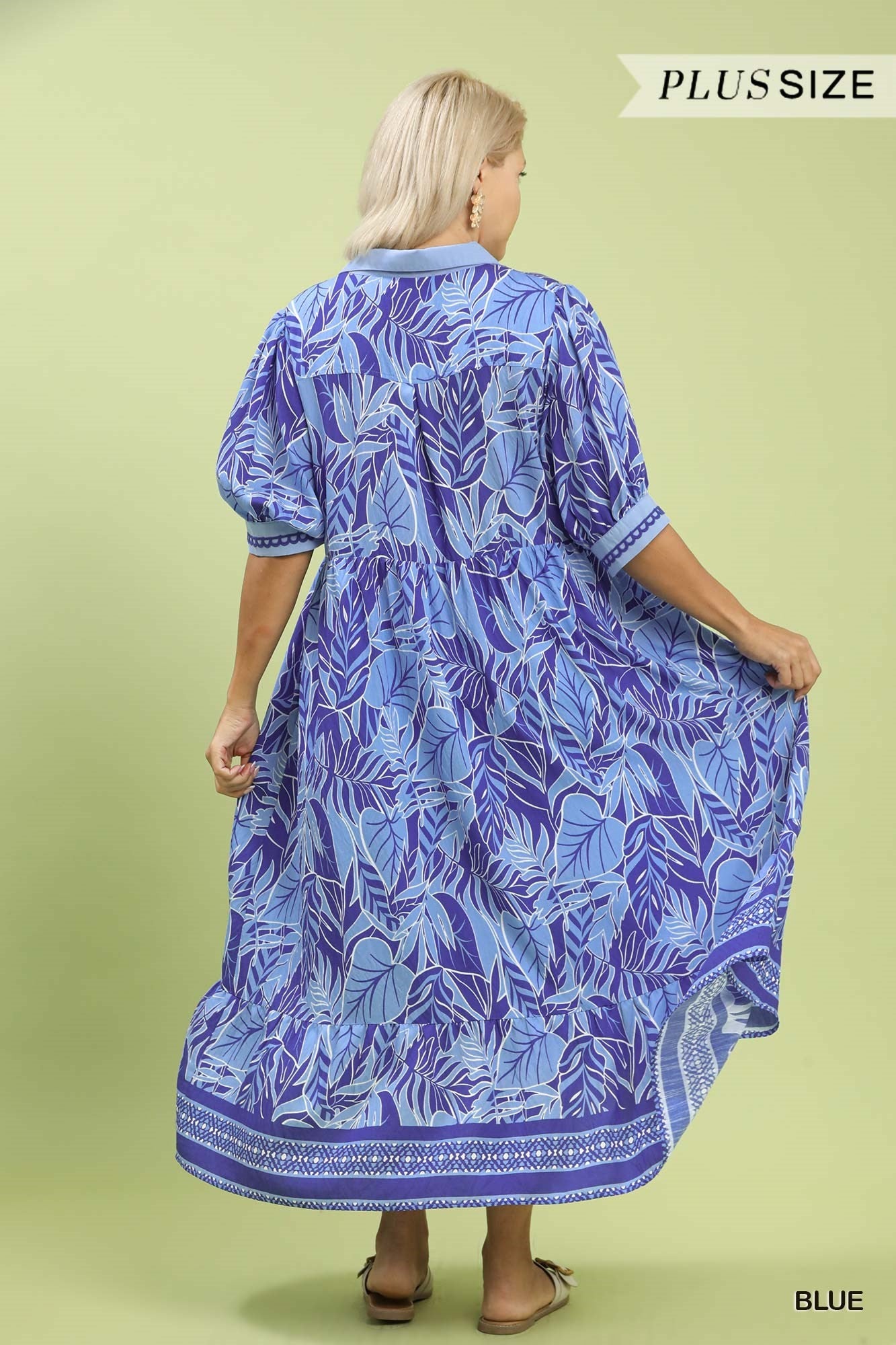 Umgee Blue Leafy Border Print V-Neck Midi Dress Plus Size-Curvy/Plus Dresses-Umgee-Deja Nu Boutique, Women's Fashion Boutique in Lampasas, Texas