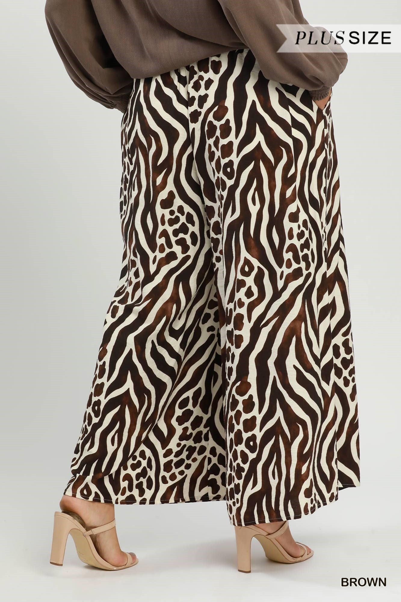 Umgee Brown Mixed Animal Print Wide Leg Pants Plus-Curvy/Plus Bottoms-Umgee-Deja Nu Boutique, Women's Fashion Boutique in Lampasas, Texas
