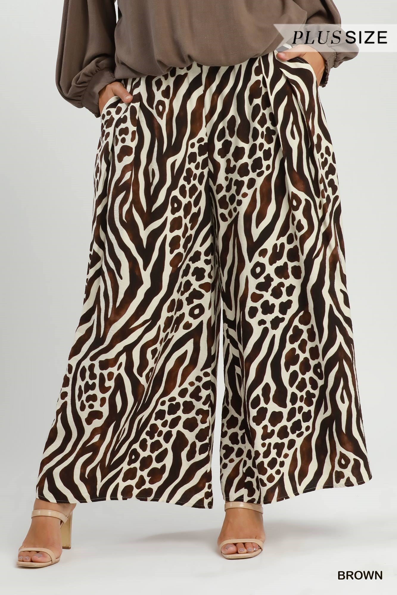 Umgee Brown Mixed Animal Print Wide Leg Pants Plus-Curvy/Plus Bottoms-Umgee-Deja Nu Boutique, Women's Fashion Boutique in Lampasas, Texas