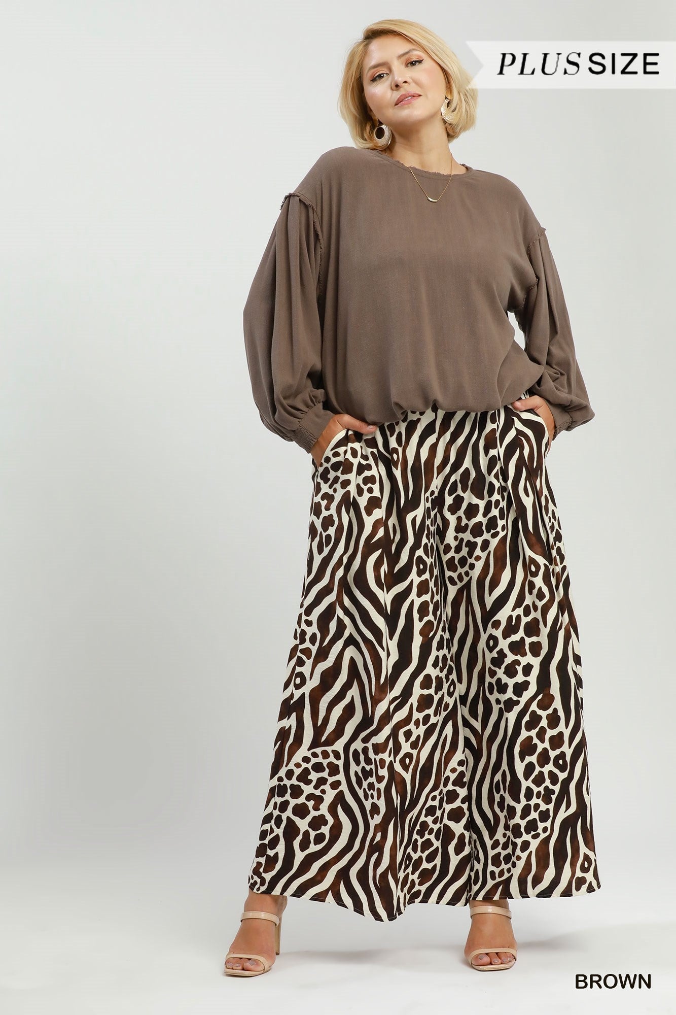 Umgee Brown Mixed Animal Print Wide Leg Pants Plus-Curvy/Plus Bottoms-Umgee-Deja Nu Boutique, Women's Fashion Boutique in Lampasas, Texas