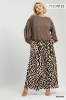 Umgee Brown Mixed Animal Print Wide Leg Pants Plus-Curvy/Plus Bottoms-Umgee-Deja Nu Boutique, Women's Fashion Boutique in Lampasas, Texas