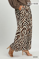 Umgee Brown Mixed Animal Print Wide Leg Pants Plus-Curvy/Plus Bottoms-Umgee-Deja Nu Boutique, Women's Fashion Boutique in Lampasas, Texas