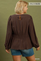 Umgee Brown Smocked Waist Long Sleeve Peplum Blouse Plus-Curvy/Plus Blouses-Umgee-Deja Nu Boutique, Women's Fashion Boutique in Lampasas, Texas