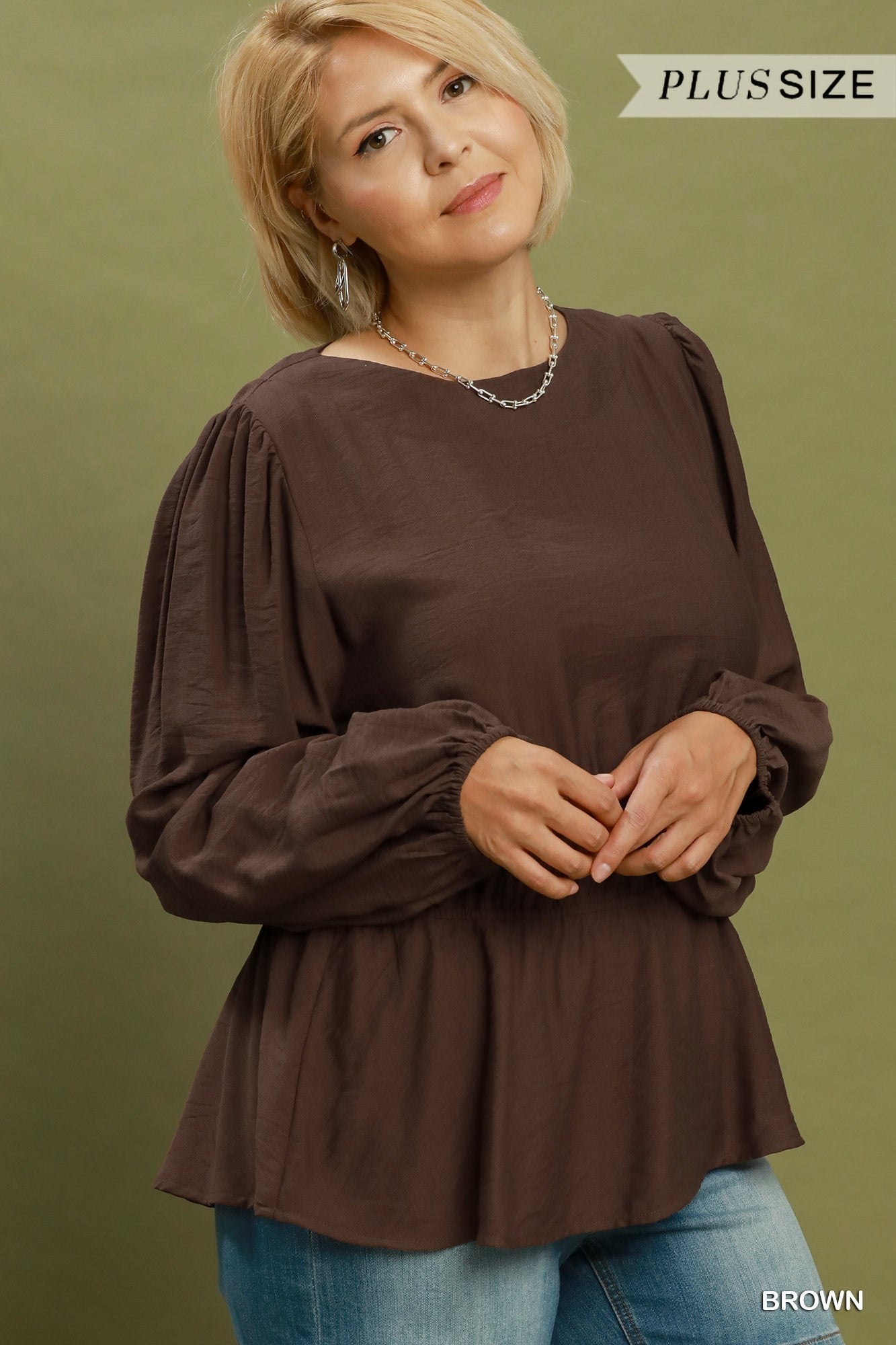 Umgee Brown Smocked Waist Long Sleeve Peplum Blouse Plus-Curvy/Plus Blouses-Umgee-Deja Nu Boutique, Women's Fashion Boutique in Lampasas, Texas