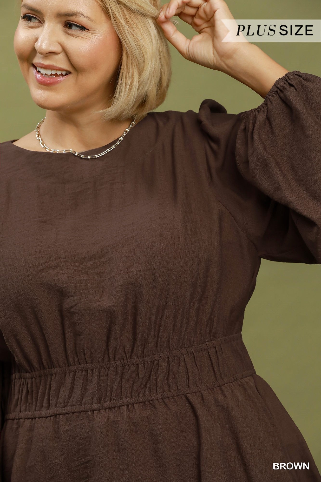 Umgee Brown Smocked Waist Long Sleeve Peplum Blouse Plus-Curvy/Plus Blouses-Umgee-Deja Nu Boutique, Women's Fashion Boutique in Lampasas, Texas