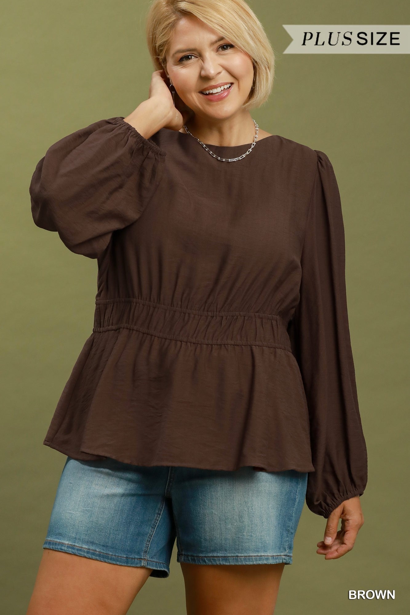 Umgee Brown Smocked Waist Long Sleeve Peplum Blouse Plus-Curvy/Plus Blouses-Umgee-Deja Nu Boutique, Women's Fashion Boutique in Lampasas, Texas