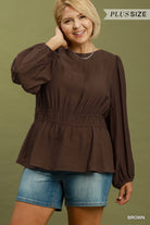 Umgee Brown Smocked Waist Long Sleeve Peplum Blouse Plus-Curvy/Plus Blouses-Umgee-Deja Nu Boutique, Women's Fashion Boutique in Lampasas, Texas