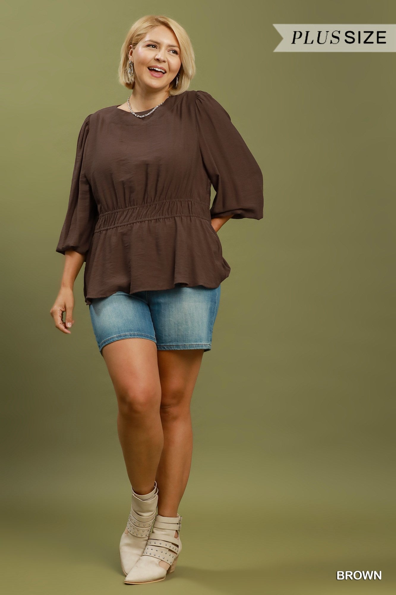 Umgee Brown Smocked Waist Long Sleeve Peplum Blouse Plus-Curvy/Plus Blouses-Umgee-Deja Nu Boutique, Women's Fashion Boutique in Lampasas, Texas