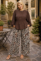 Umgee Brown Smocked Waist Long Sleeve Peplum Blouse Plus-Curvy/Plus Blouses-Umgee-Deja Nu Boutique, Women's Fashion Boutique in Lampasas, Texas