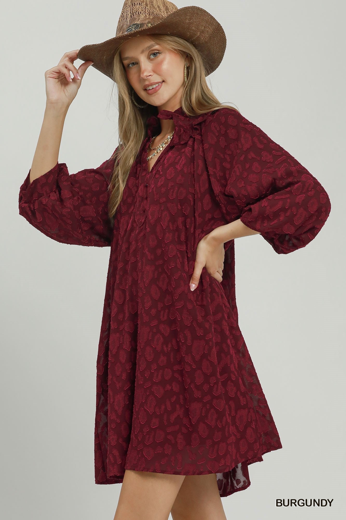 Umgee Burgundy Textured Animal Print Dress-mini dress-umgee-Deja Nu Boutique, Women's Fashion Boutique in Lampasas, Texas