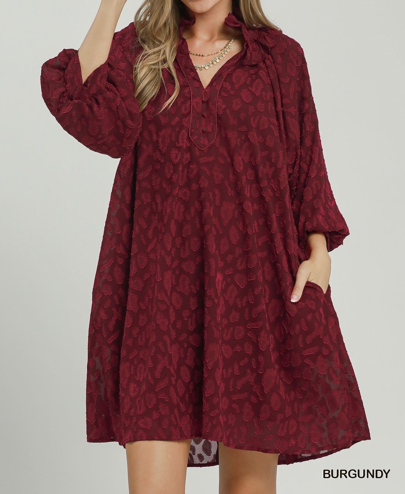 Umgee Burgundy Textured Animal Print Dress-mini dress-umgee-Deja Nu Boutique, Women's Fashion Boutique in Lampasas, Texas