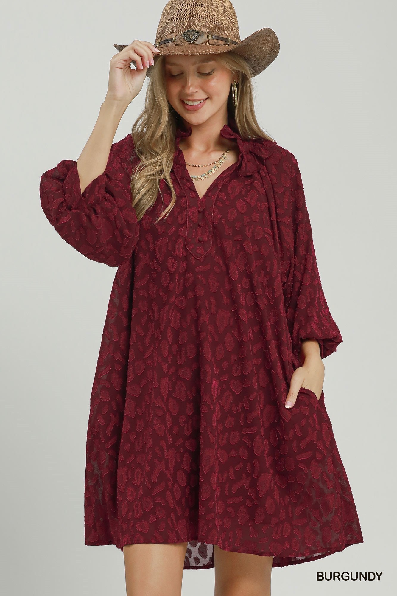 Umgee Burgundy Textured Animal Print Dress-mini dress-umgee-Deja Nu Boutique, Women's Fashion Boutique in Lampasas, Texas