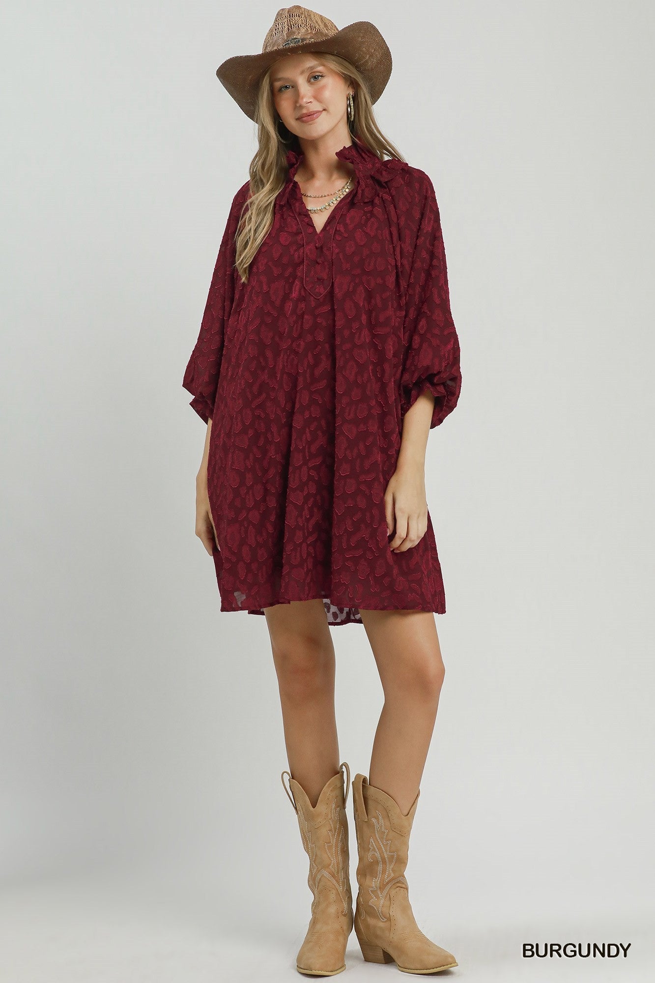 Umgee Burgundy Textured Animal Print Dress-mini dress-umgee-Deja Nu Boutique, Women's Fashion Boutique in Lampasas, Texas