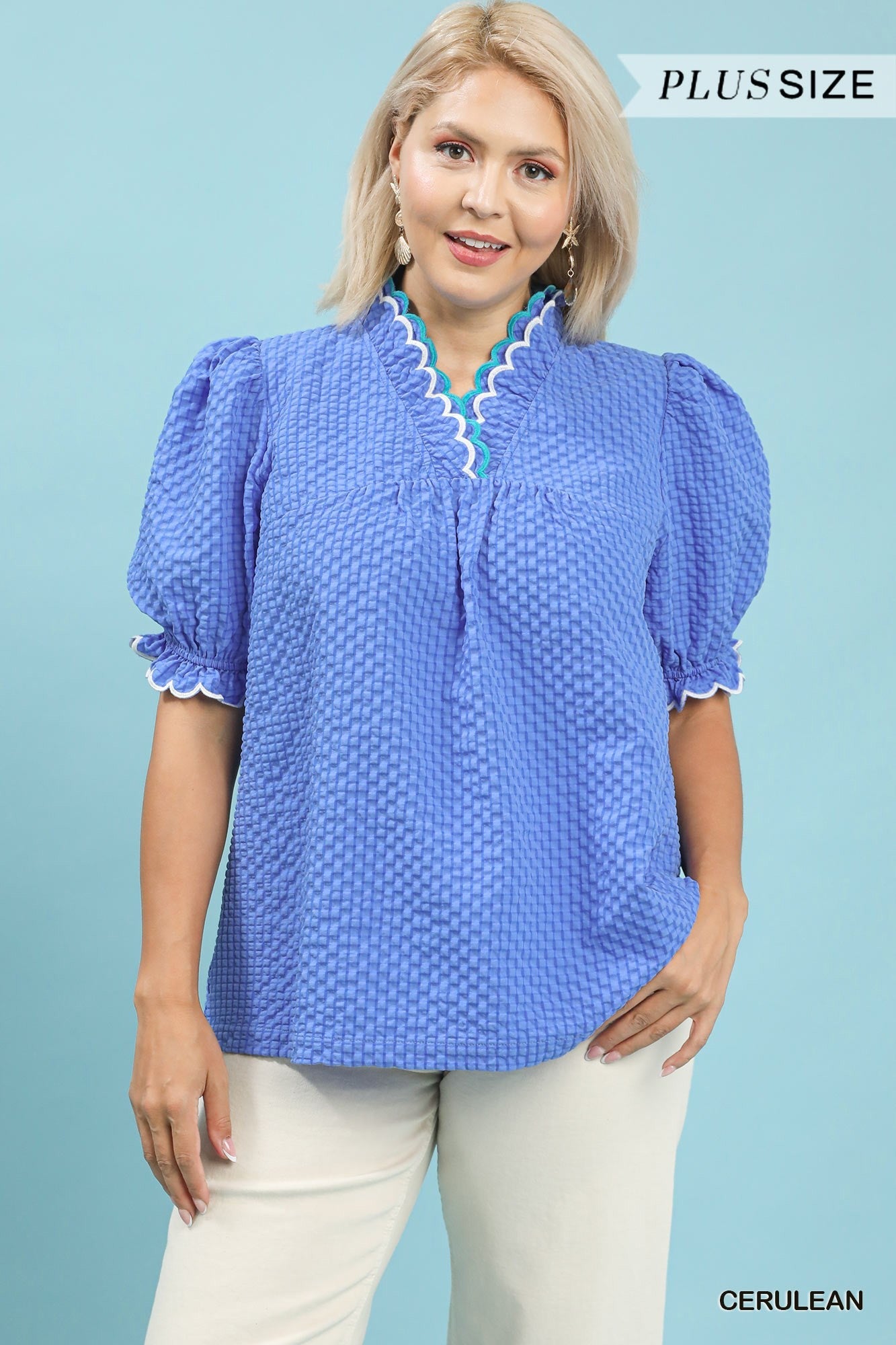 Umgee Textured Puff Sleeve Plus Top Cerulean-Curvy/Plus Blouses-Umgee-Deja Nu Boutique, Women's Fashion Boutique in Lampasas, Texas