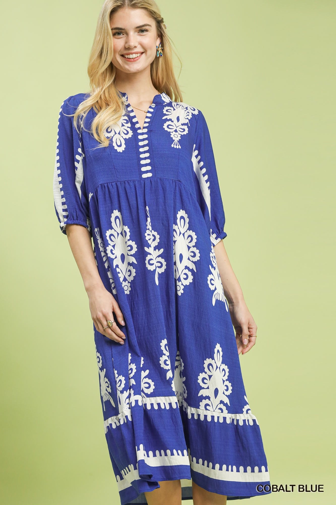 Umgee Cobalt Blue Abstract Print Midi Dress-Midi Dresses-Umgee-Deja Nu Boutique, Women's Fashion Boutique in Lampasas, Texas