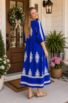 Umgee Cobalt Blue Abstract Print Midi Dress-Midi Dresses-Umgee-Deja Nu Boutique, Women's Fashion Boutique in Lampasas, Texas