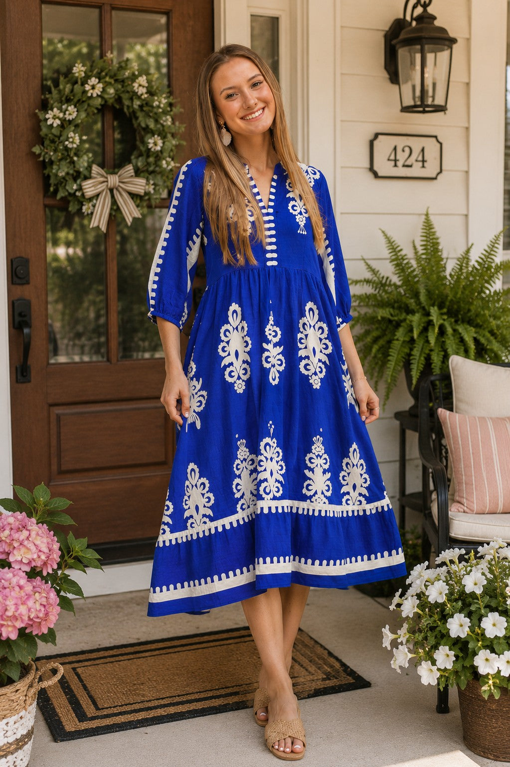 Umgee Cobalt Blue Abstract Print Midi Dress-Midi Dresses-Umgee-Deja Nu Boutique, Women's Fashion Boutique in Lampasas, Texas