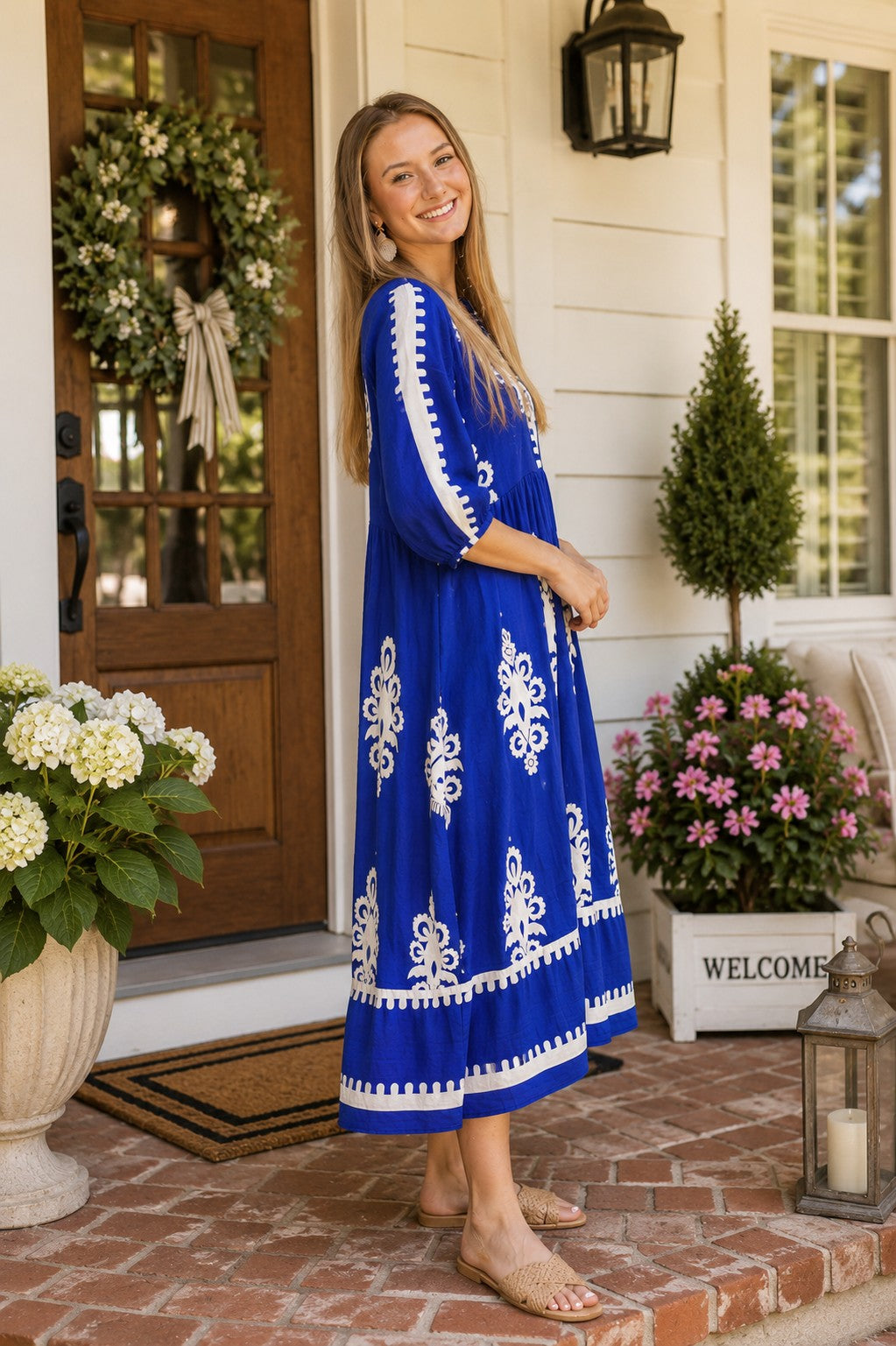 Umgee Cobalt Blue Abstract Print Midi Dress-Midi Dresses-Umgee-Deja Nu Boutique, Women's Fashion Boutique in Lampasas, Texas