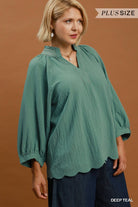 Umgee Deep Teal Scallop Hem Balloon Sleeve Plus Size Blouse-Curvy/Plus Blouses-umgee-Deja Nu Boutique, Women's Fashion Boutique in Lampasas, Texas